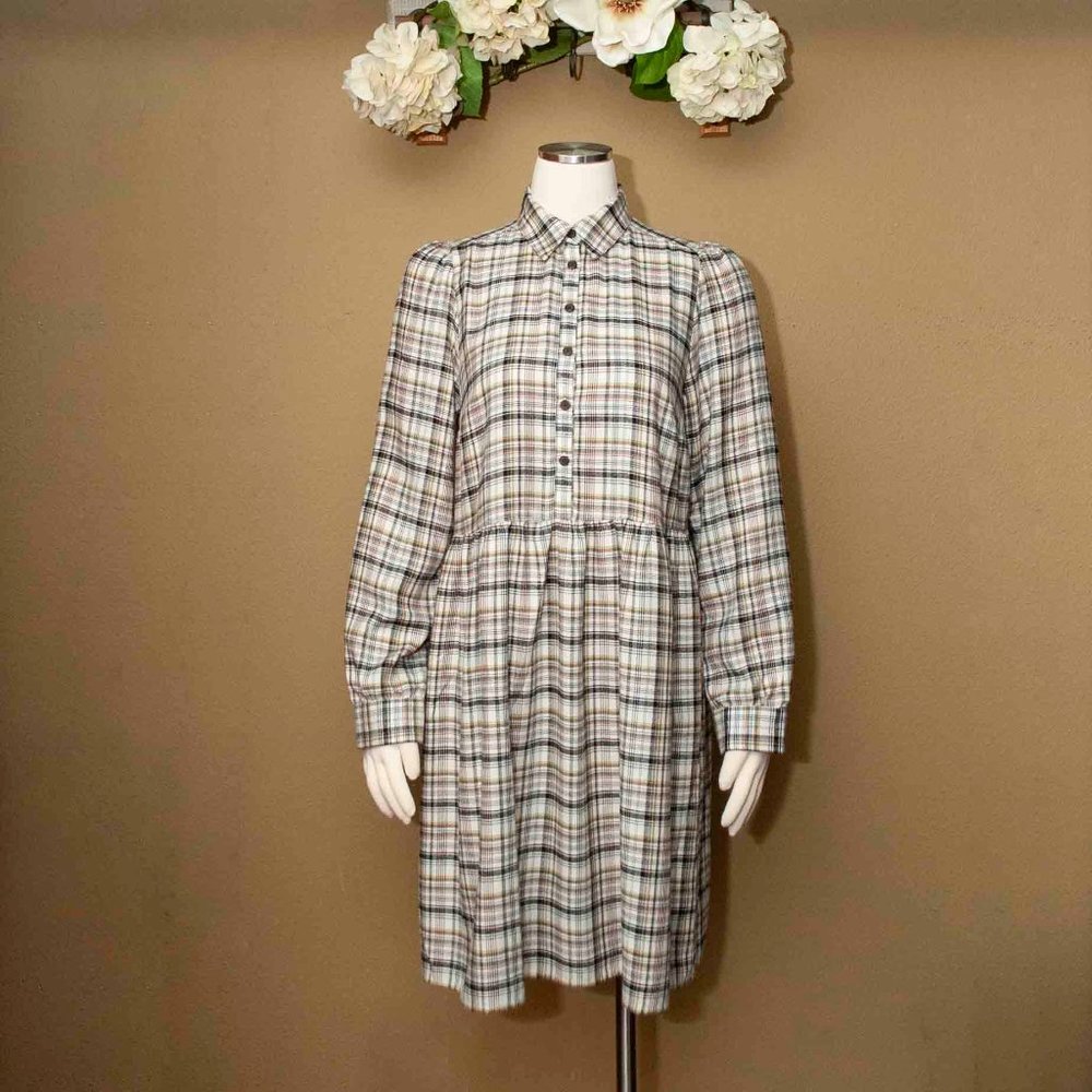 NWT Loft Plaid Flannel Swing Shirt Dress in Winter Frost size S